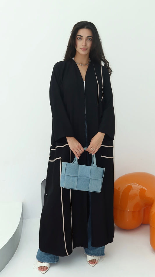 E90- Black abaya with beige piping