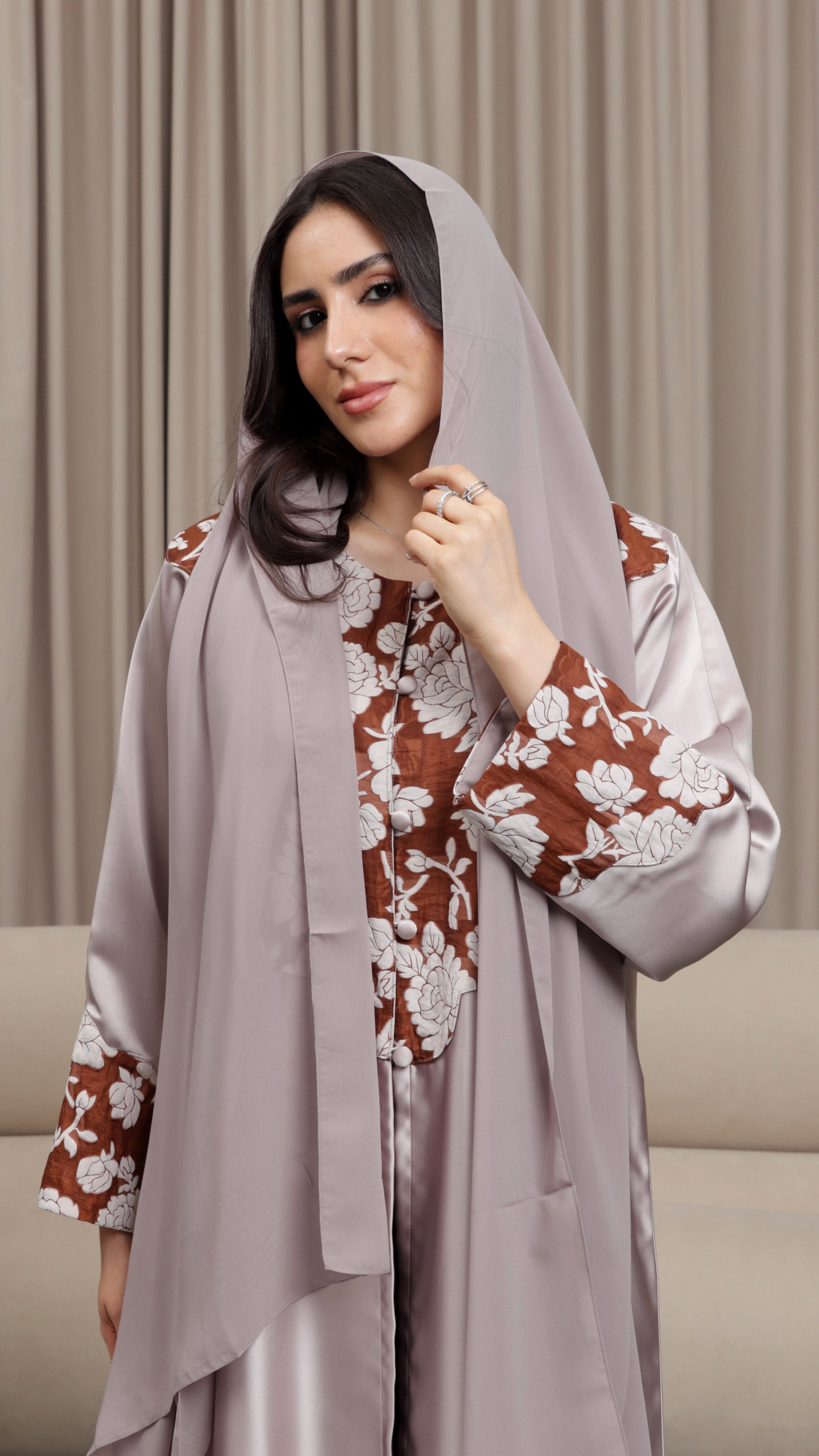 E111- Rosewood Satin abaya brown floral