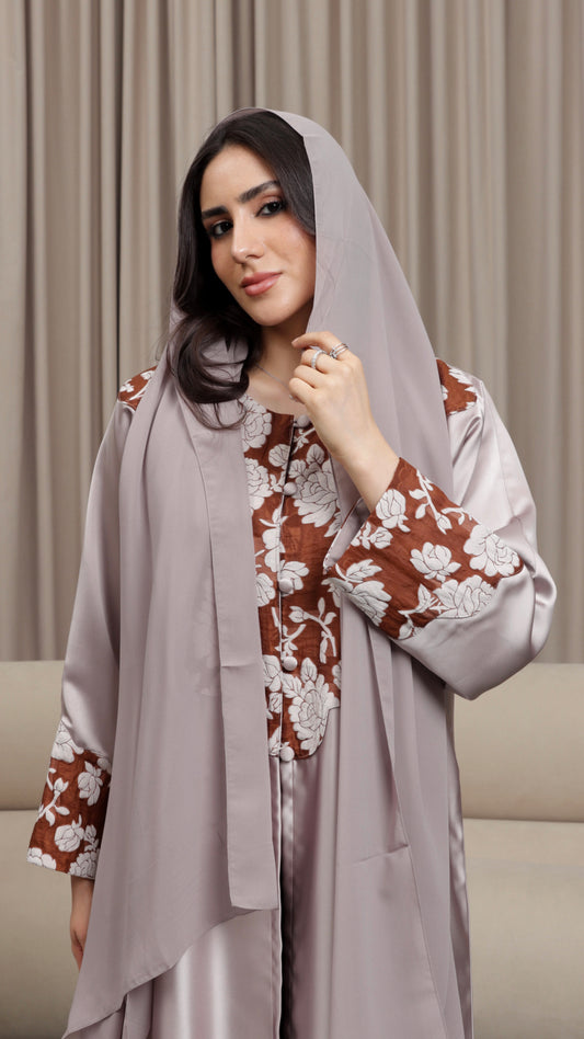 E111- Rosewood Satin abaya brown floral