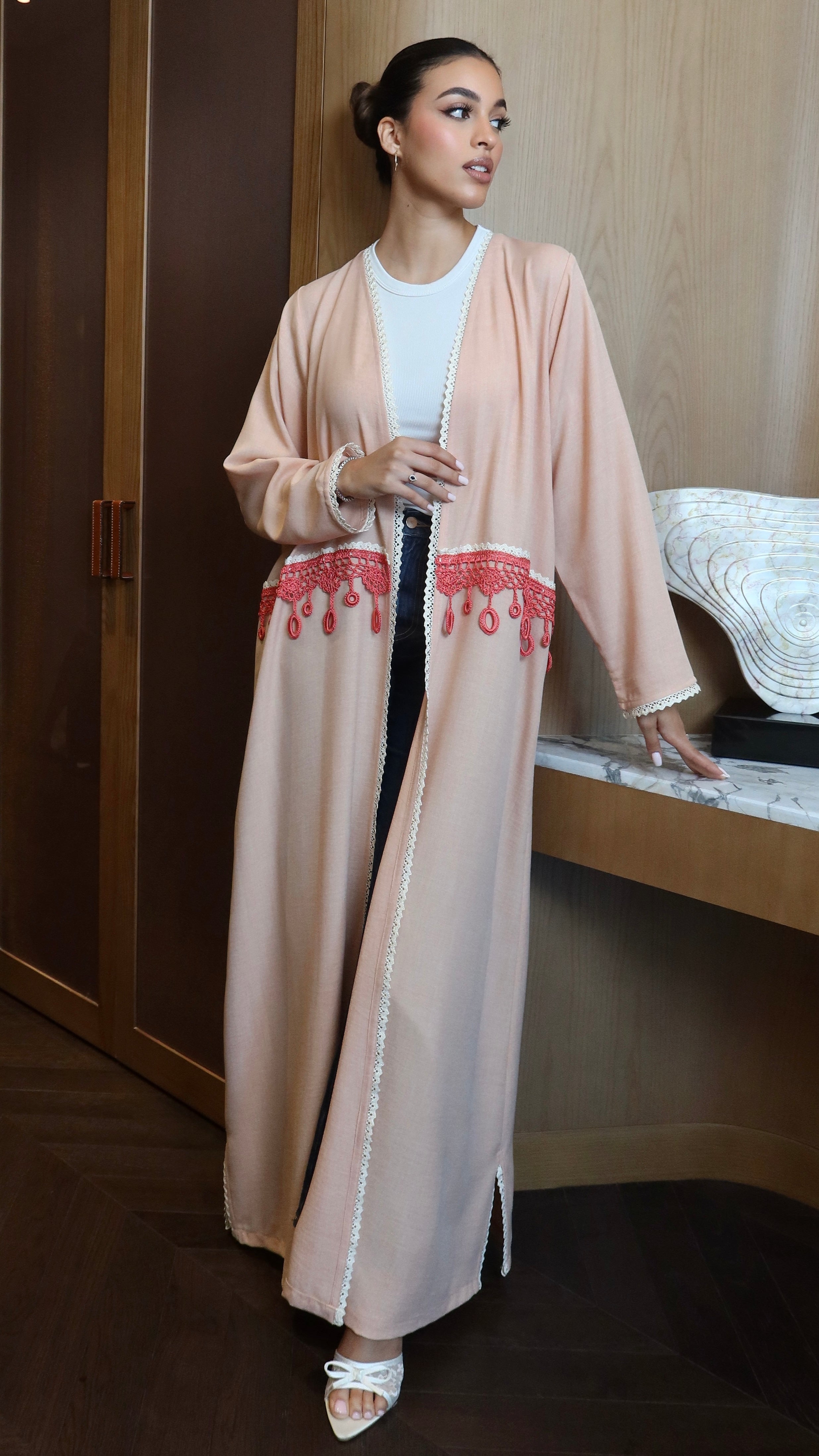 E122- Summer Crochet Peach Abaya