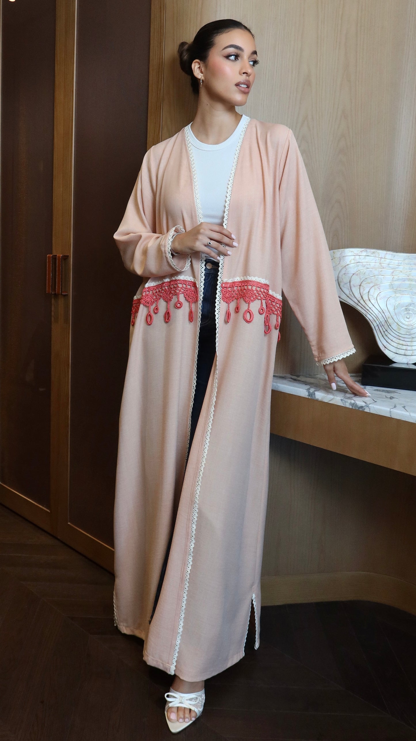 E122- Summer Crochet Peach Abaya