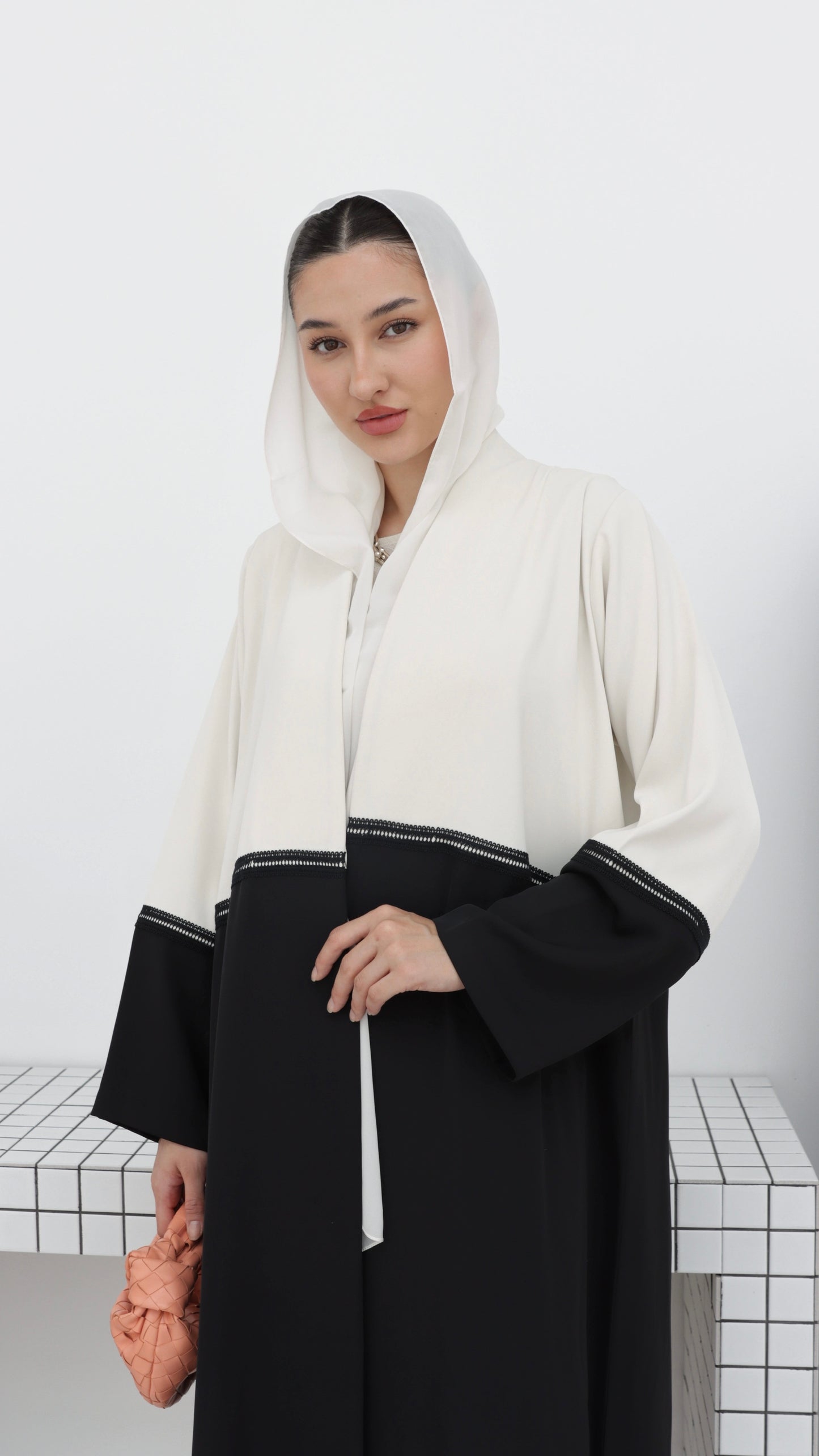 E68- Summery Black and white crepe abaya with lace ( A- line)