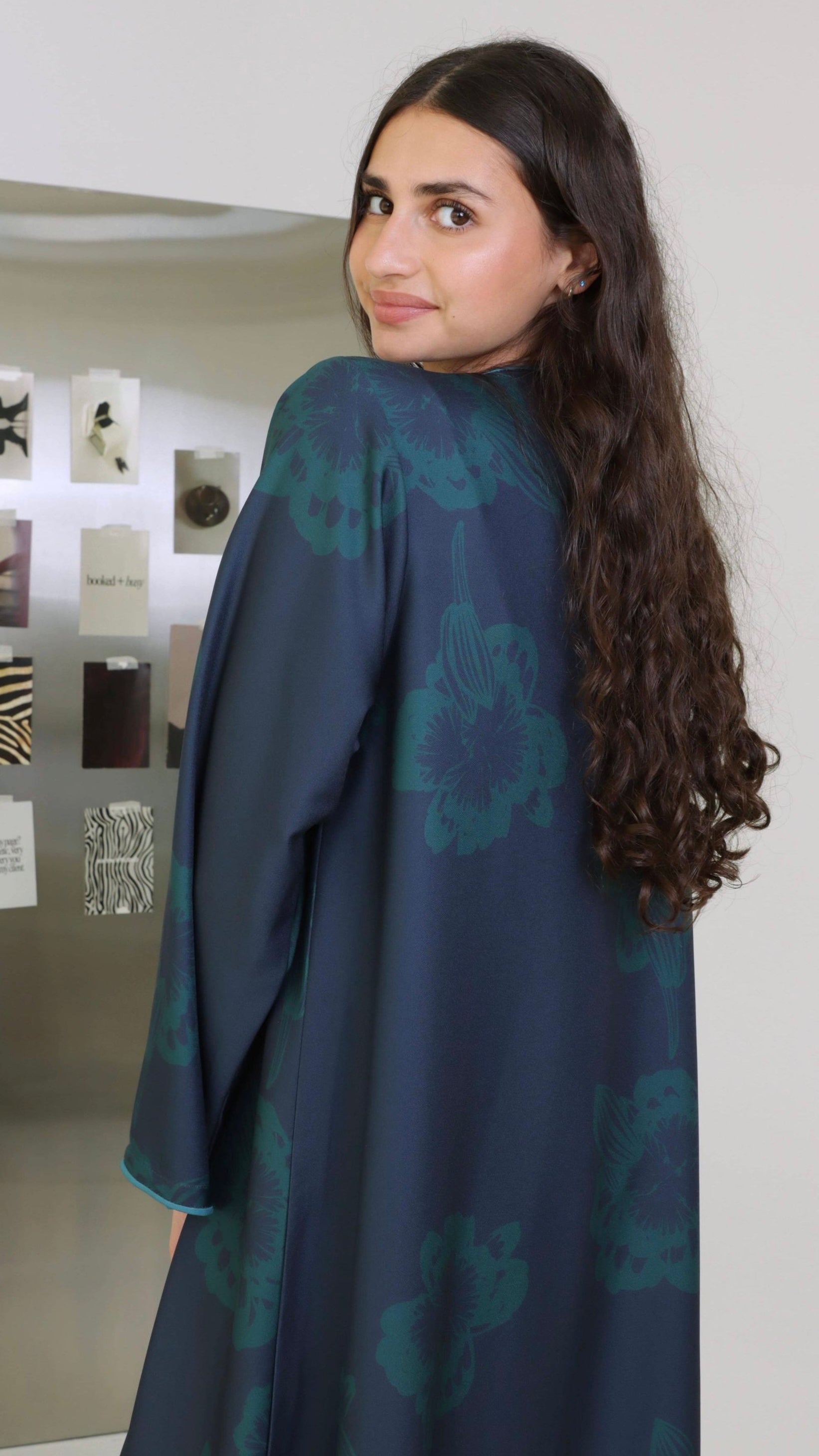 E102 Blue with green flowers print abaya ( Ready to Ship)